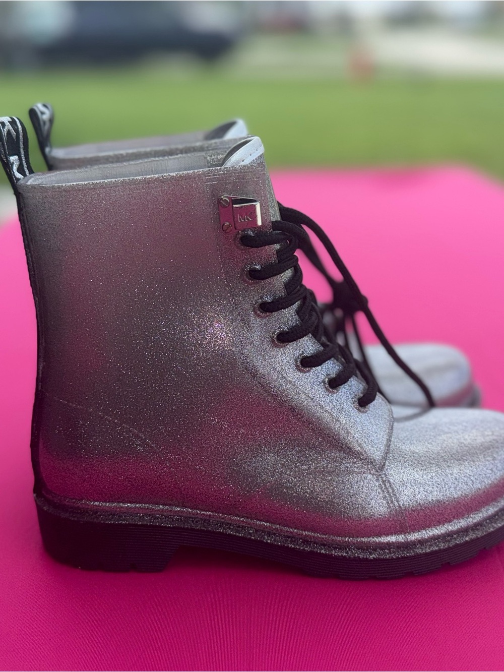 Michael kors Metallic Silver Women's Lace-Up  rain Combat Boots - Picture 5 of 7